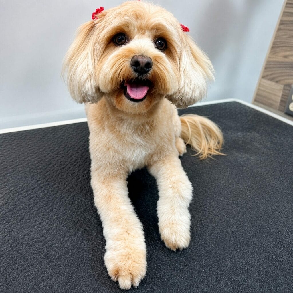 Small tan dog with a fluffy coat and red bows on its ears sitting on a black mat, looking up happily after a visit from mobile pet groomers.