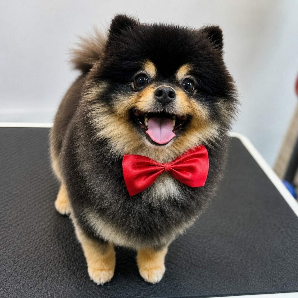 A fluffy black and tan dog, freshly pampered by mobile pet grooming, stands on a dark surface wearing a red bow tie, looking happy with its tongue out.