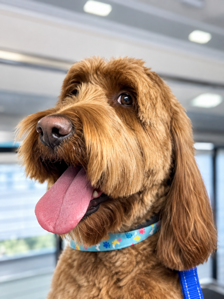Professional pet groomer at Art Pet Grooming providing gentle care to happy dog