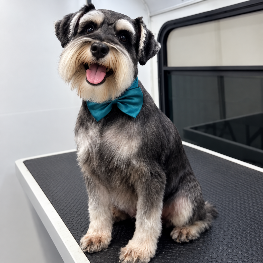 Professional mobile pet grooming van providing dog grooming services in Foster City driveway